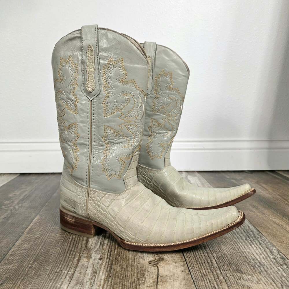 White Exotic Texture Leather Cowboy Boots Mens 9.5 Snip Toe Western